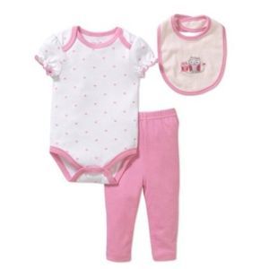 NWT Rene Rofe Baby Girl Pink Owl Bodysuit, Bib and Leggings 3 pieces Set